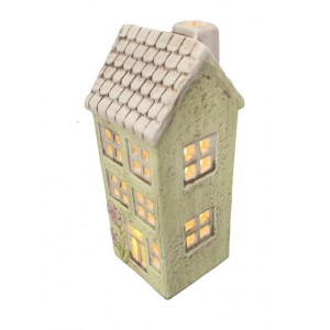 Zelený keramický domeček s růžovou střechou, LED, 15 cm