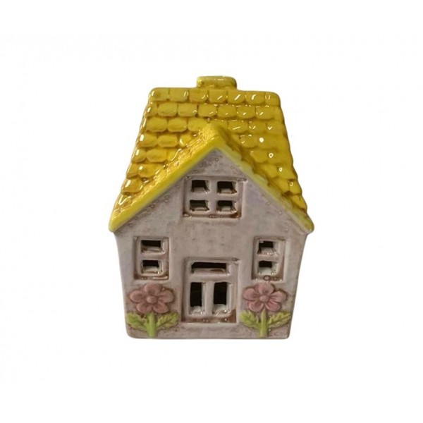 LED keramický domeček se žlutou střechou 15,8 cm