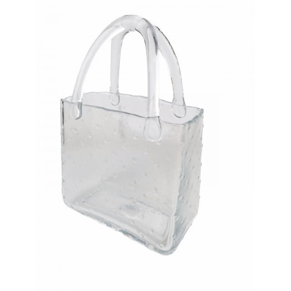 Skleněná váza ve tvaru kabelky s puntíky, 26 cm