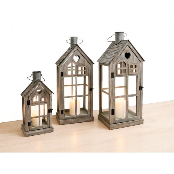 Sada 3 ks dřevěných luceren s kovovou střechou