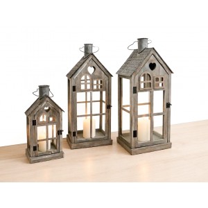 Sada 3 ks dřevěných luceren s kovovou střechou