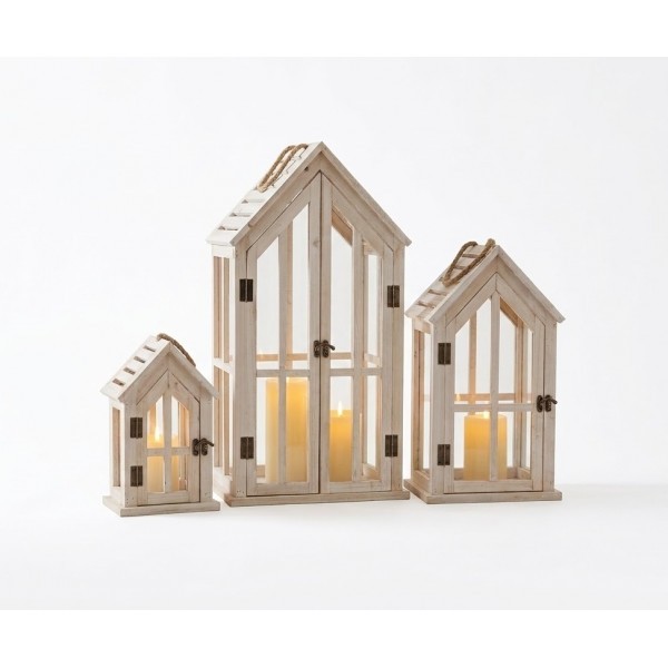 Sada 3 dekorativních luceren – bílé dřevo s patinou