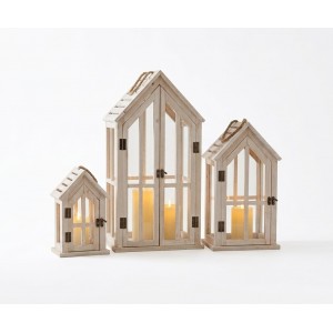 Sada 3 dekorativních luceren – bílé dřevo s patinou