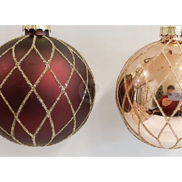 Skleněná vánoční baňka/koule 8 cm, burgundy a zlatá - sada 12 ks