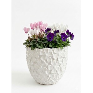 Keramický květináč Ø 11 cm s reliéfem květů – bílý