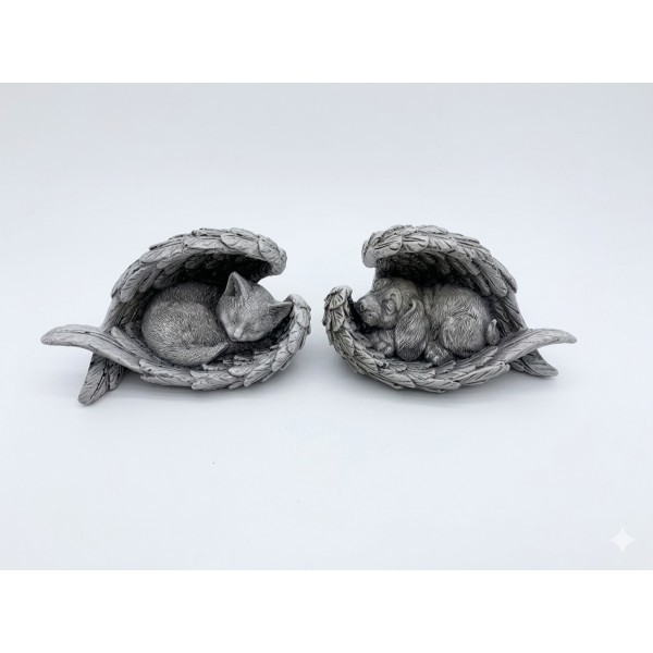Polyresinová kočka/pes v křídlech – 12 × 6 cm, šedá, sada 4ks
