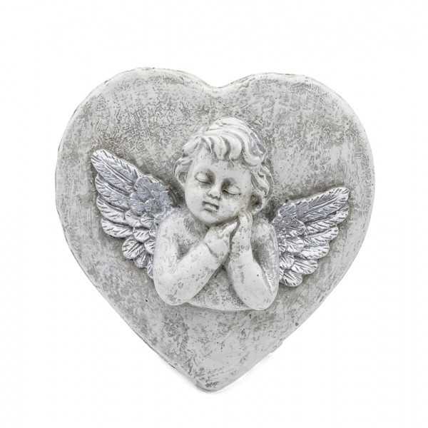 Srdce s andělem, sada 4 ks, šedý cement a stříbrná křídla - 13 × 6,5 × 12 cm