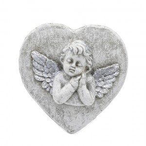 Srdce s andělem, sada 4 ks, šedý cement a stříbrná křídla - 13 × 6,5 × 12 cm