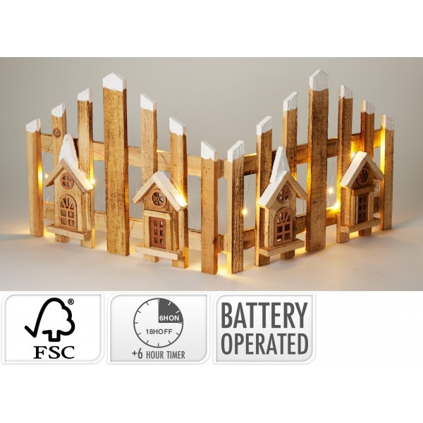 Dřevěný plot s domečky a LED osvětlením 30 x 76 cm