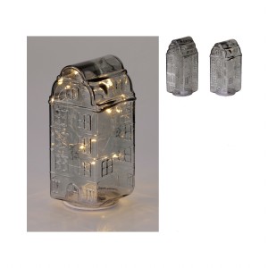 Skleněný domeček s LED – teplá šedá 17,5 cm, mix