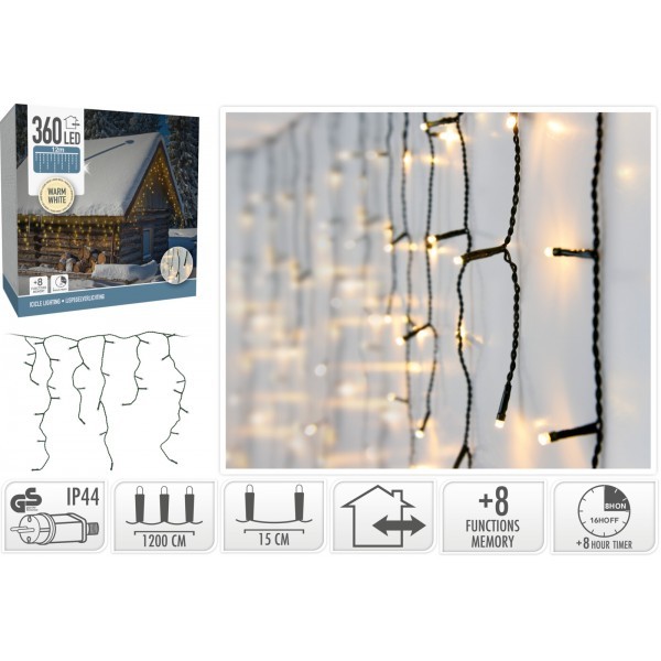 LED světelný závěs rampouchy – 360 teplých bílých LED, IP44