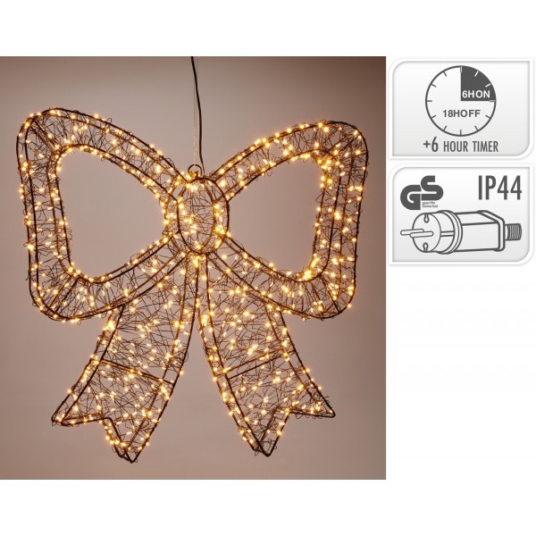 Dekorativní LED mašle z kovového drátu, 38 x 33 cm, IP44, 500 LED, teplé bílé světlo
