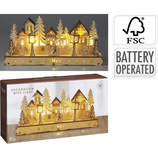 Dřevěný svítící domeček 30 x 14,5 cm s 10 LED – přírodní dekorace