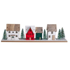 Dřevěná LED dekorace A – domečky se zimní scenérií 40 x 10 cm, 18 LED, časovač