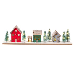 Dřevěná LED dekorace B – domečky se zimní scenérií 40 x 10 cm, 18 LED, časovač