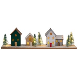 Dřevěná LED dekorace C – domečky se zimní scenérií 40 x 10 cm, 18 LED, časovač