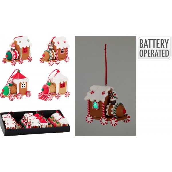 Závěsná LED lokomotiva perníček - polyresin, 10 cm, sada 4 ks, mix