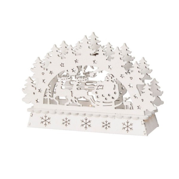 Vánoční dřevěná bílá dekorace Santa se sobi, LED, 15 cm