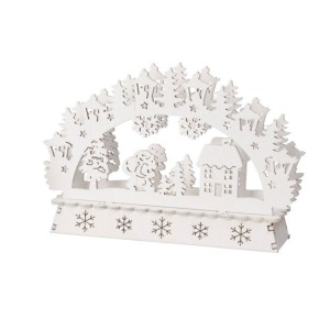 Vánoční dřevěná bílá dekorace Santa u domu, LED, 15 cm