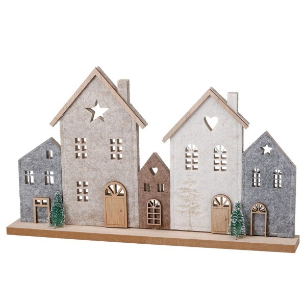 Dřevěné domečky s filcem na základně B – 34 x 19 cm