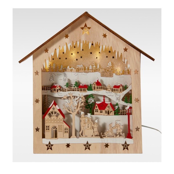 Vánoční dřevěný domeček LED - A, 26 cm, časovač