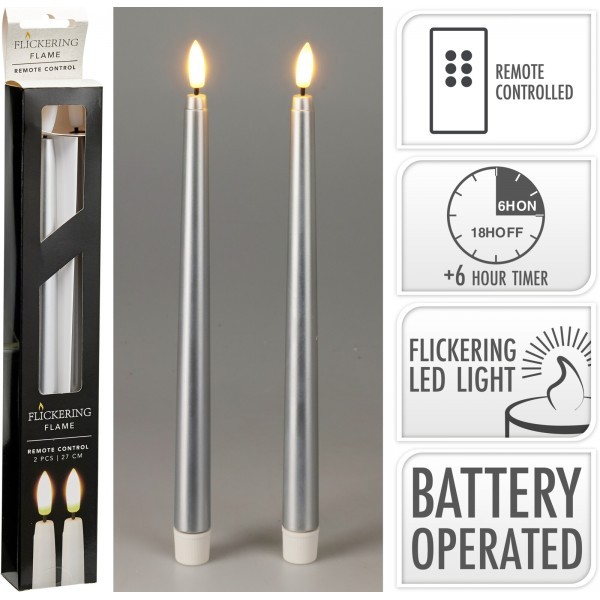 Sada 2 ks LED stolních svíček 27 cm, stříbrná, časovač