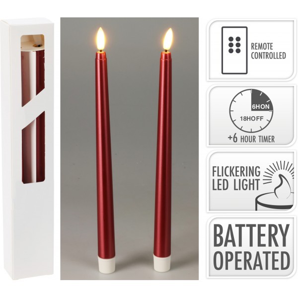 Sada 2 ks LED stolních svíček 27 cm, metalická červená, časovač