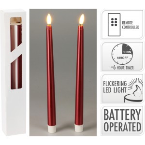 Sada 2 ks LED stolních svíček 27 cm, metalická červená, časovač