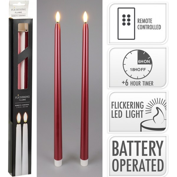 Sada 2 ks LED stolních svíček 38 cm, metalická červená, časovač