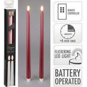 Sada 2 ks LED stolních svíček 38 cm, metalická červená, časovač