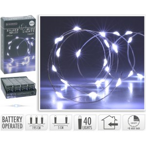 Vánoční osvětlení 40 LED, 195 cm, bílé světlo, časovač, interiér 