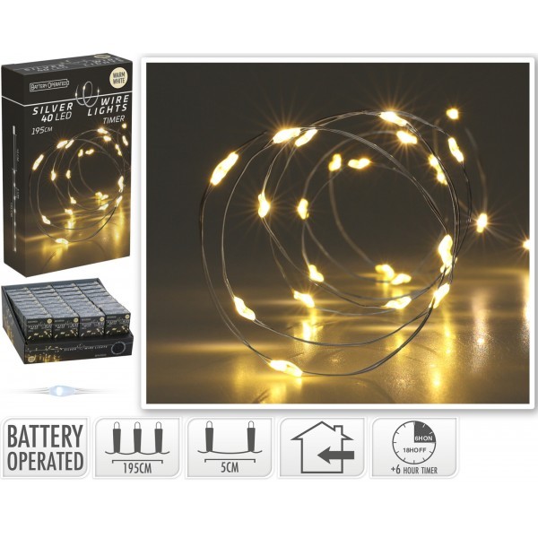 Vánoční osvětlení 40 LED, 195 cm, teplé bílé světlo, časovač, interiér 