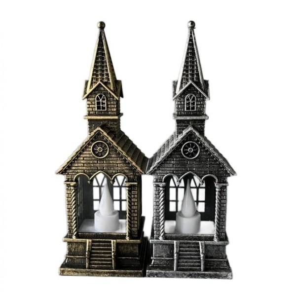 Plastová lucerna „Kostelíček“ sada 4 ks zlatá/stříbrná, LED, 5,5 × 5 × 16,5 cm
