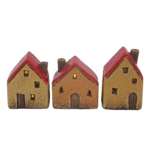 Sada 3 ks LED keramických pískových domečků, mix, 7,3 × 5,5 × 11,6 cm