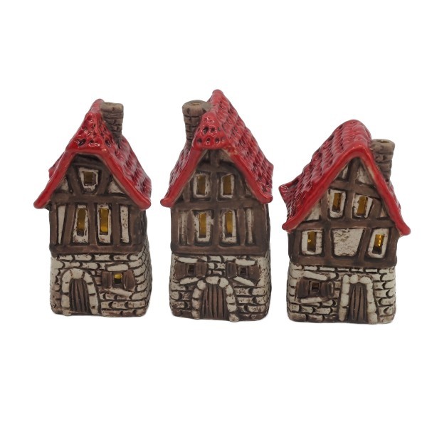 Sada 3 ks keramických hnědých domečků, LED, mix, 6,4 × 5,6 × 11,7 cm
