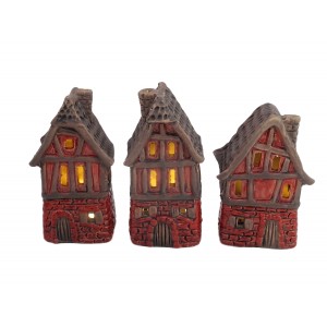 Sada 3ks LED keramických domečků, hnědé - 6,4 × 5,6 × 11,7 cm