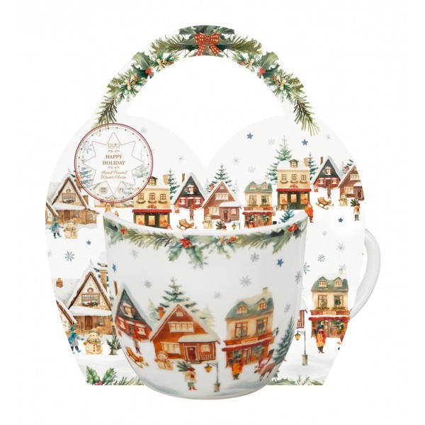 Porcelánový hrnek CHRISTMAS VILLAGE 460 ml v košíku
