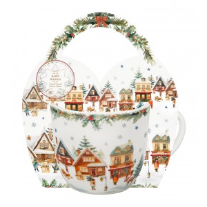 Porcelánový hrnek CHRISTMAS VILLAGE 460 ml v košíku