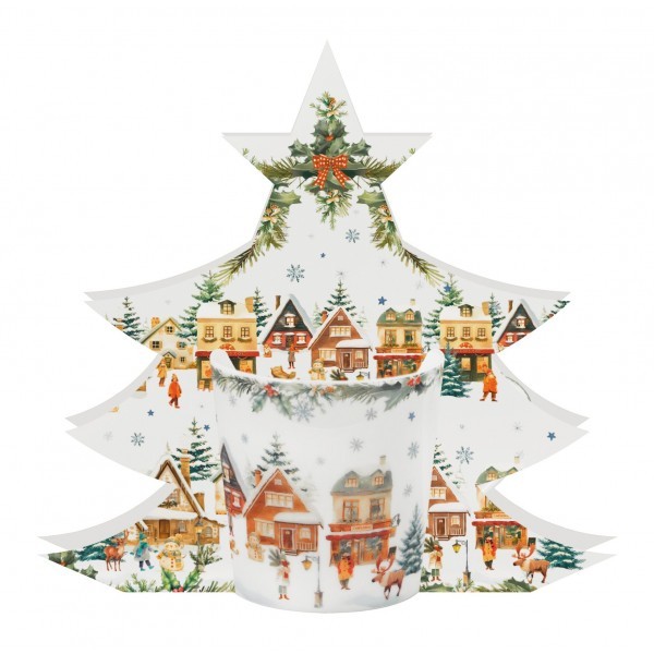 Vánoční porcelánový hrnek CHRISTMAS VILLAGE 360 ml v dárkové krabičce ve tvaru stromečku