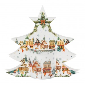 Vánoční porcelánový hrnek CHRISTMAS VILLAGE 360 ml v dárkové krabičce ve tvaru stromečku