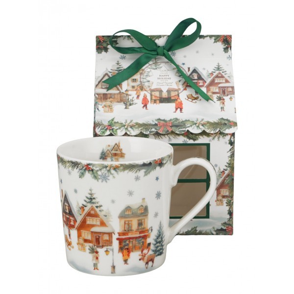 Vánoční porcelánový hrnek CHRISTMAS VILLAGE 360 ml v dárkové krabičce ve tvaru domečku