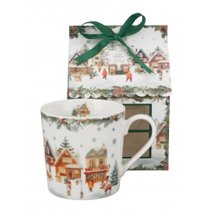 Vánoční porcelánový hrnek CHRISTMAS VILLAGE 360 ml v dárkové krabičce ve tvaru domečku
