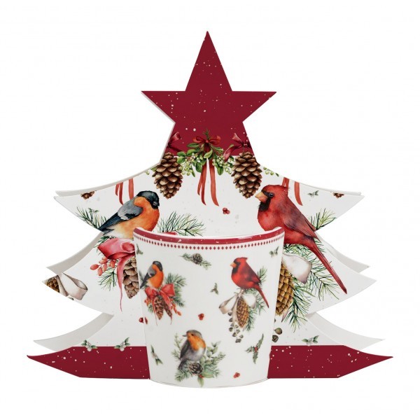 Vánoční porcelánový hrnek BIRDS OF WINTER 360 ml v dárkové krabičce ve tvaru stromečku