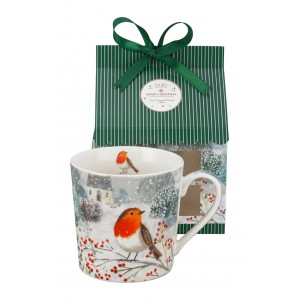 Vánoční hrnek ROBIN IN SNOW 360 ml v dárkové krabičce ve tvaru domečku