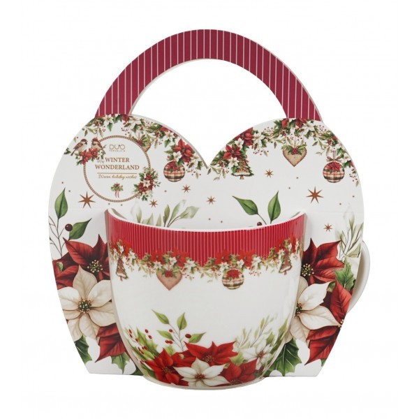 Hrnek 460 ml CHRISTMAS FLOWER v dárkovém košíku