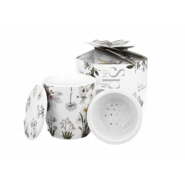 Porcelánový hrnek BÍLÉ KVĚTY se sítkem na čaj – 400 ml