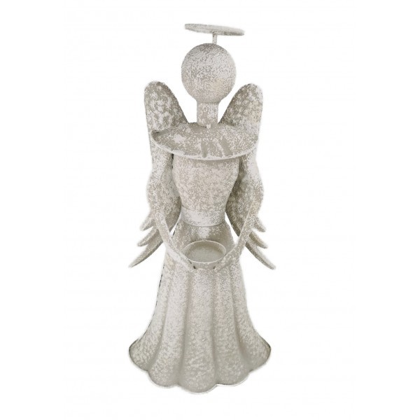 Kovový svícen/anděl Lucie M – bílá patina, 49 cm