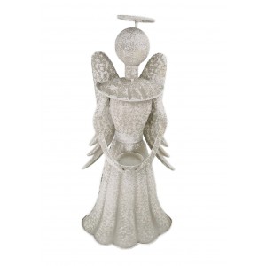 Kovový svícen/anděl Lucie M – bílá patina, 49 cm