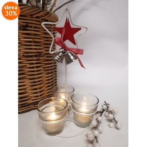 Kovový svícen hvězdička se 3 skleněnými kalíšky na svíčku