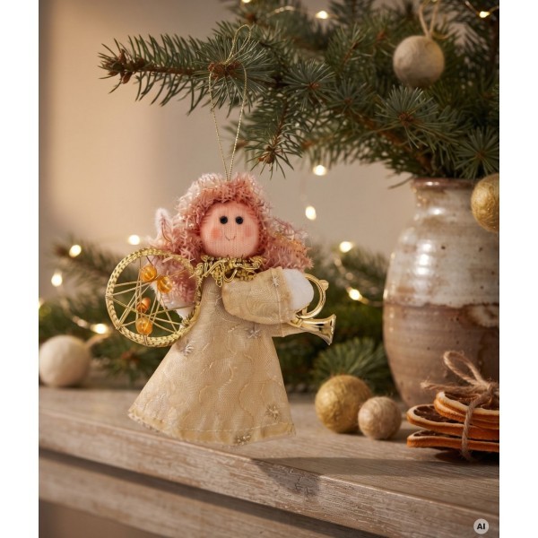 Látkový andělíček na zavěšení se zlatým hudebním nástrojem – 11 cm, sada 12 ks